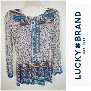 Lucky Brand Boho Roll-up Sleeve Ruffled Hem Top XS